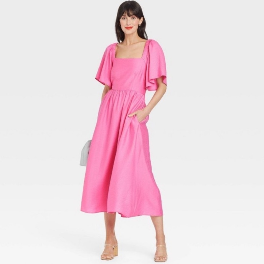 A New Day Dress XS Pink Flutter Short Sleeves Tie Back Open Back Pockets NWT